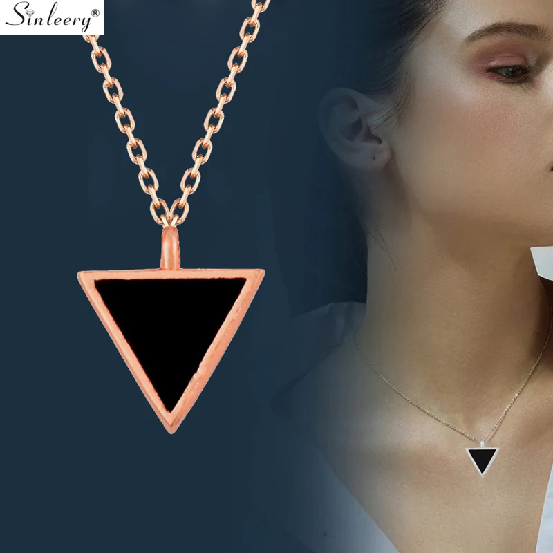 

SINLEERY Simple Triangle Black Acrylic Pendant Necklace Rose Gold Silver Color Chain Choker Necklace For Women Jewelry XL154 SSH