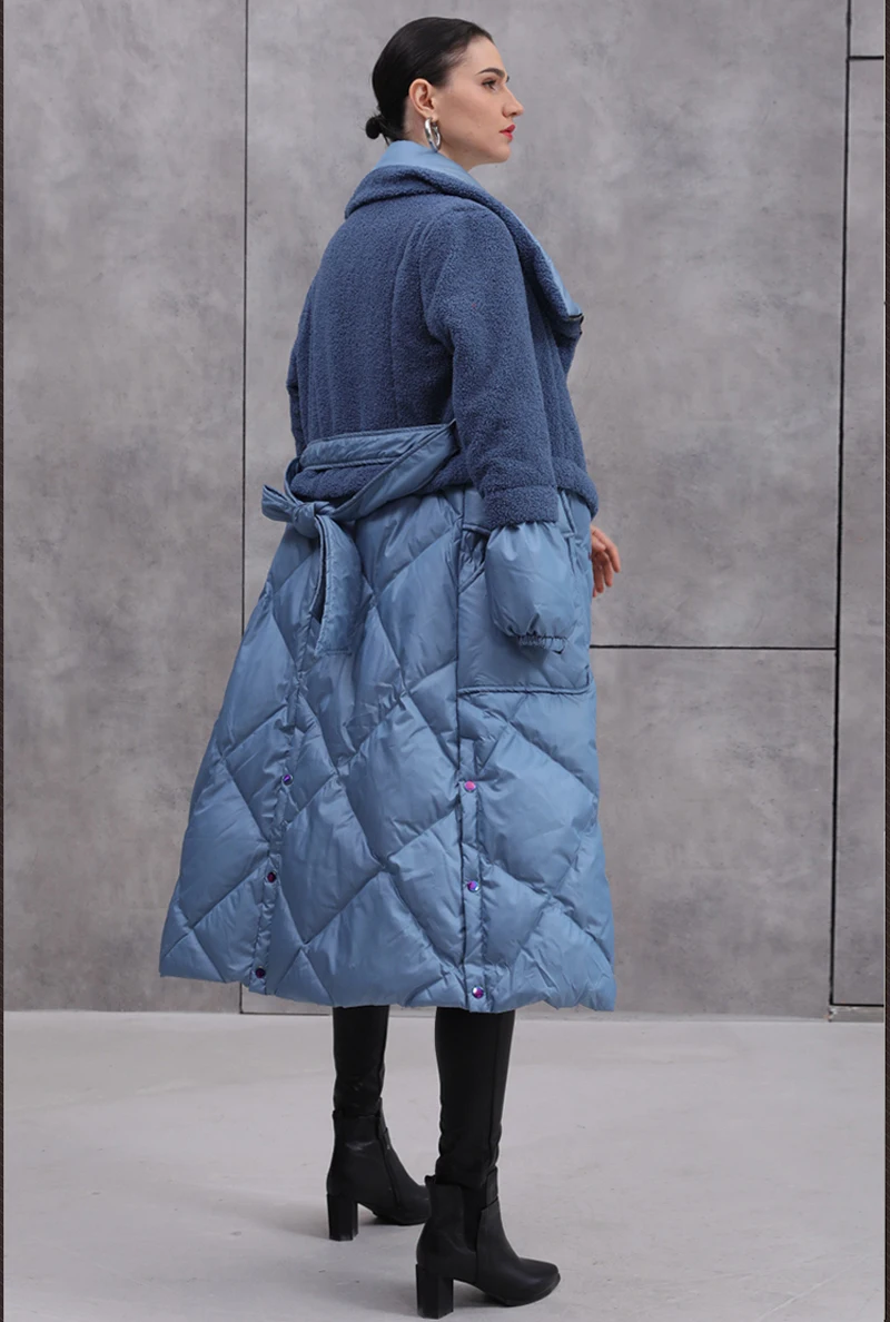 YNZZU новая зимняя коллекция Элегантный женский пуховик длинный синий мех ягненка лоскутное женское тонкое белое пуховое пальто а1397