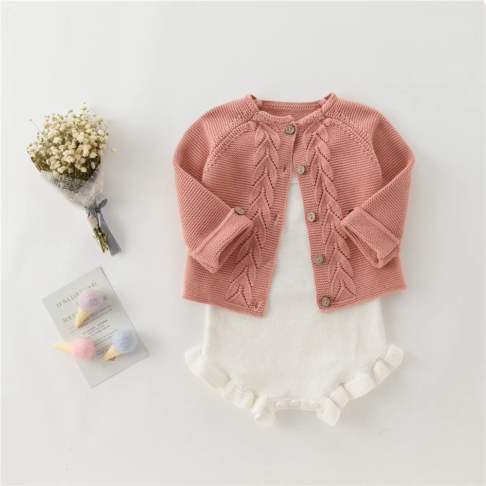 Г., Осенний вязаный свитер с 3D рисунком листьев Bebes, кардиган, Детский свитер для мальчиков и девочек детская одежда для новорожденных, комплект трикотажной одежды для детей - Цвет: pink set 1