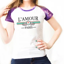 Женская футболка s L'amour Paris, женская футболка с надписью Harajuku, Повседневная футболка с принтом розы, футболка с рукавом реглан, футболки с коротким рукавом