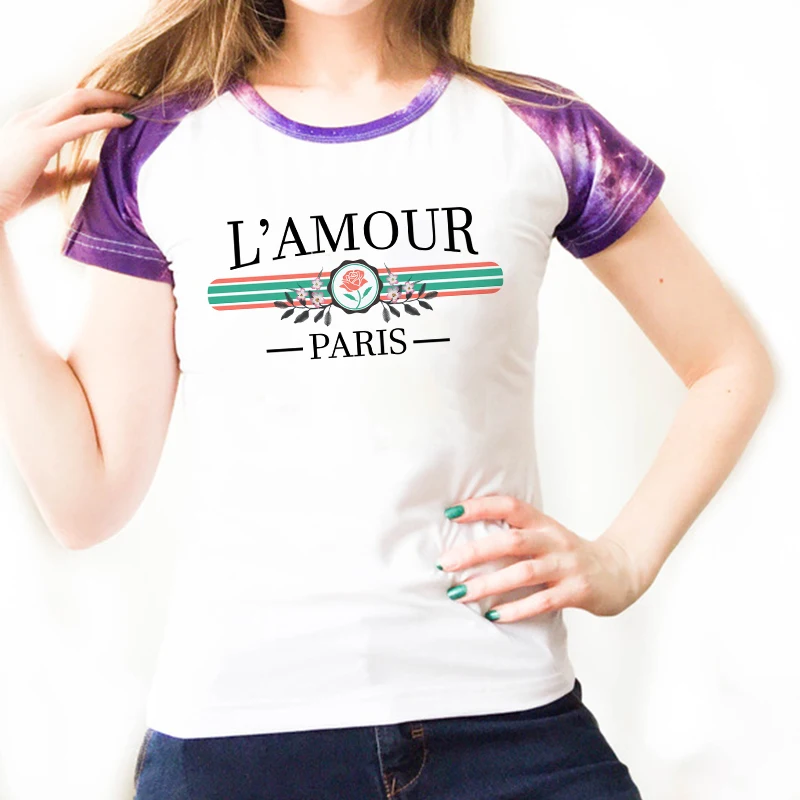 

Womens L'amour Paris T-shirt Women Harajuku Letter Graphic Tee Rose Print Casual T shirts Raglan Tshirt Short Sleeve Tees