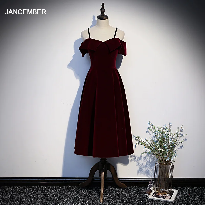 

JANCEMBER WLN20080 New Summer Sexy Strap Burgundy Velvet Mid-Length Off The Shoulder Evening Prom Dresses 2020  