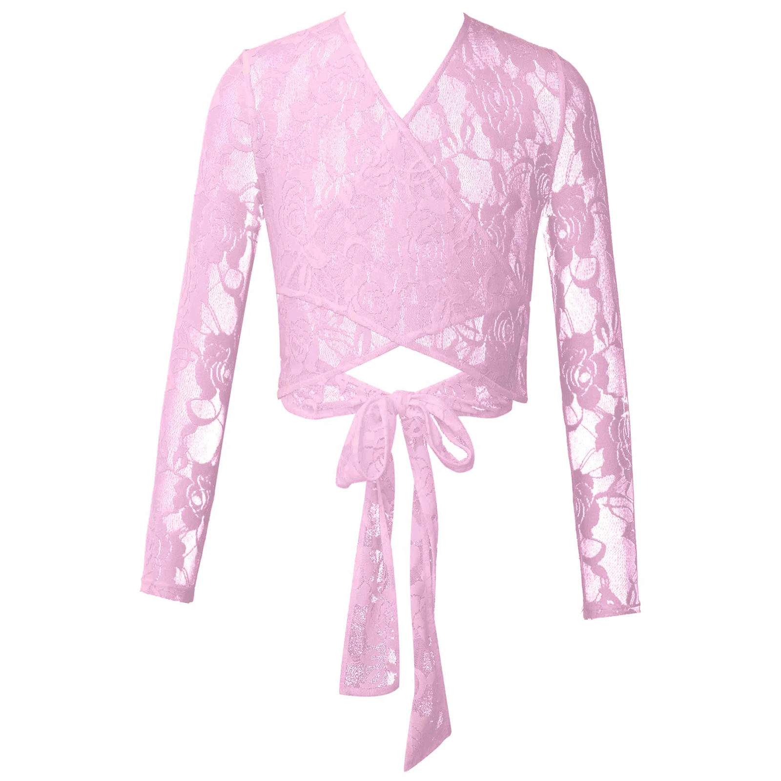 

New Summer Autumn Girls Kids Children Ballet Dance Shawl Coat Long Sleeve Crossover Lace Mesh Cardigan for Ballet Wrap Crop Top