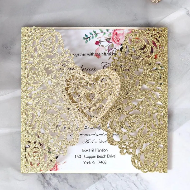  10pcs Glitter Laser Cut Rose Heart Shape Wedding Invitations Card Party Supplies - 4.00027E+12