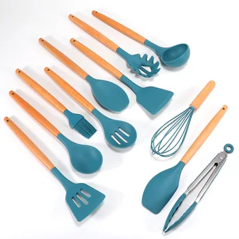 

New 11 Pcs Silicone Cooking Tool Sets Utensil With Storage Box Wooden Handle Cooking Tools Set With Storage Box Kitchen Tools