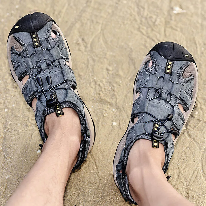 Летняя мужская обувь, сандали из натуральной кожи повседневная обувь качество конструирования модели пляжные сандалии для прогулок в римском стиле водные кроссовки Большие размеры 38–46