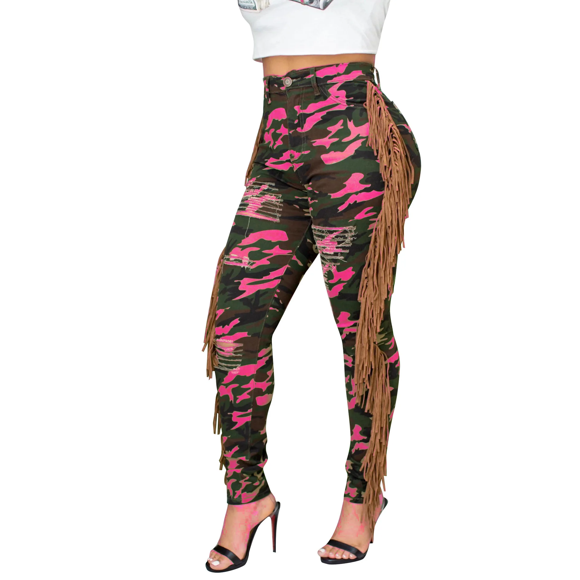 HAOYUAN боковая кисточка отверстие неоновый Камуфляж для женщин осень плюс размер тонкие обтягивающие Стрейчевые брюки Мода Bodycon Высокая талия пот брюки - Цвет: rose