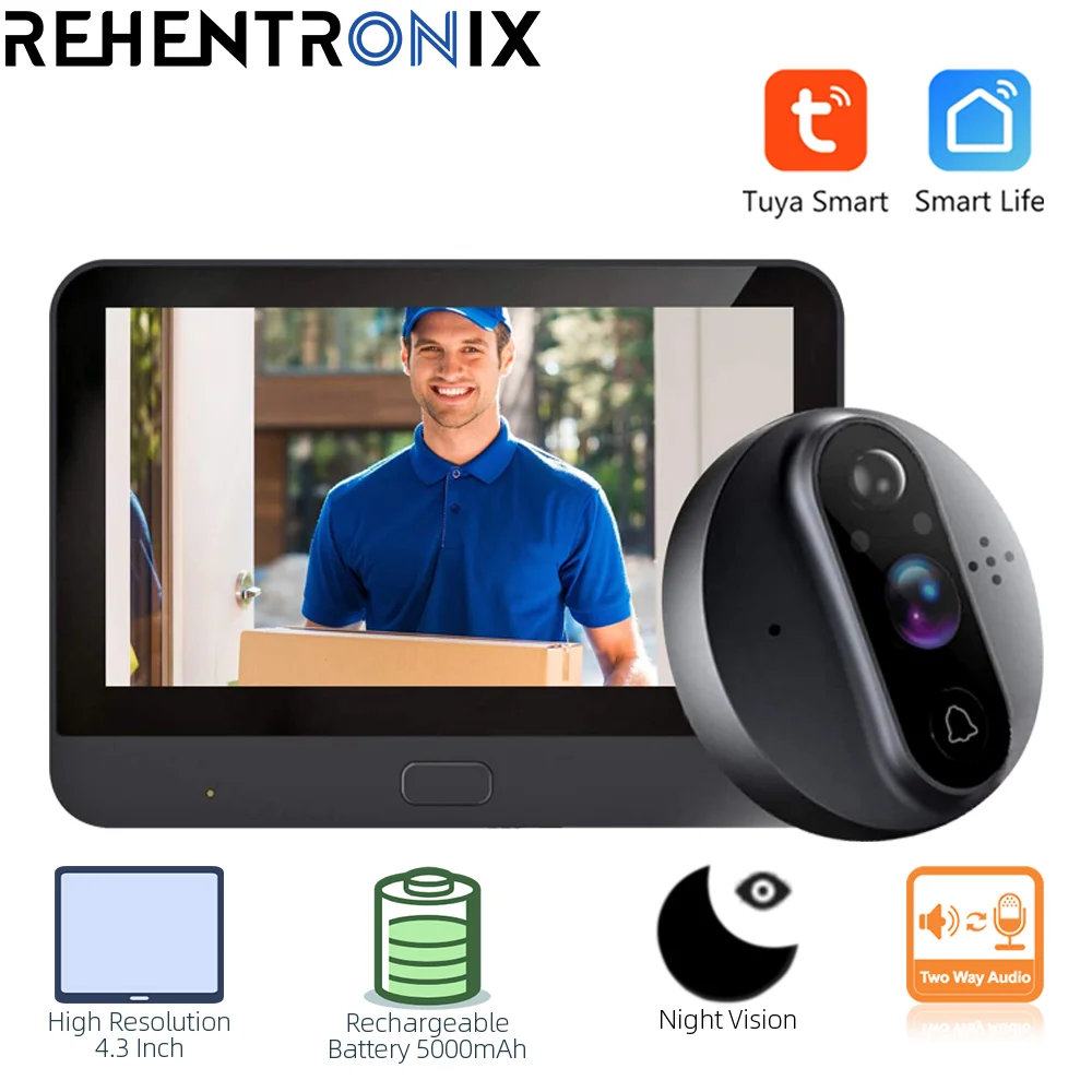 

Дверной звонок Tuya с Wi-Fi, 1080P, 4,3 мА, цветной экран