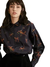 

2022 Spring Women Long Sleeve Hand-Painted Fawn Leaf Print Art Cotton Shirt