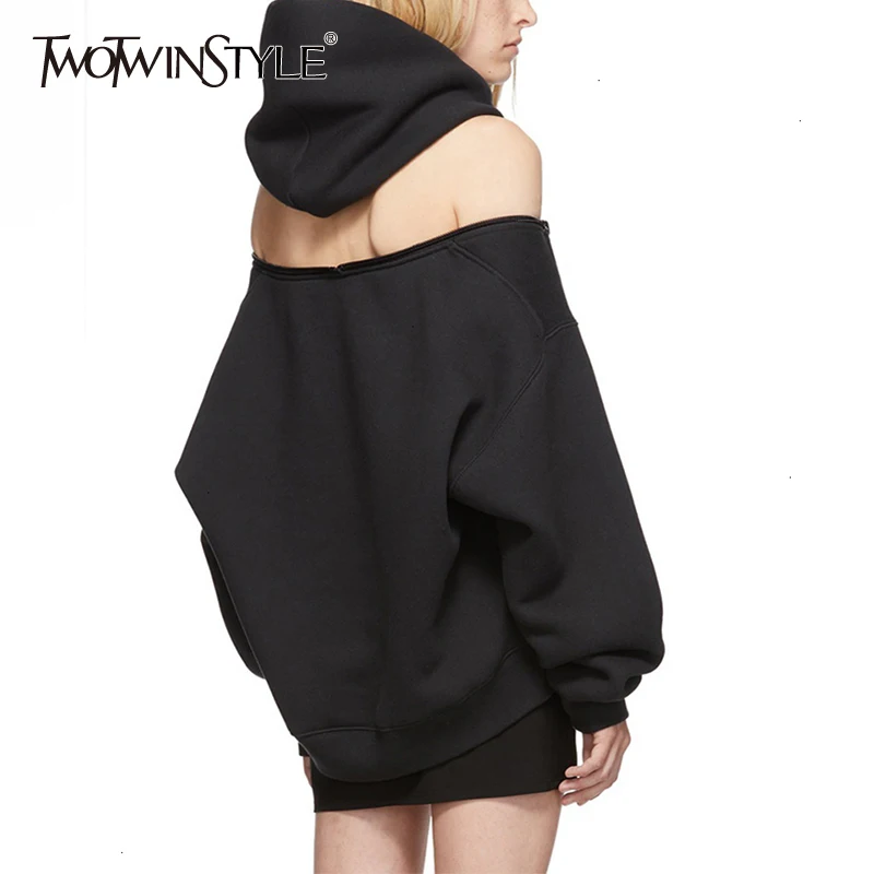  TWOTWINSTYLE Casual Women's Sweatshirts Hooded Long Sleeve Backless Off Shoulder Hoodies For Female