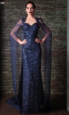 De Festa Vestido Longo, темно-синие уникальные вечерние платья с блестками и шалью, арабское вечернее платье Abendkleider - Цвет: Многоцветный