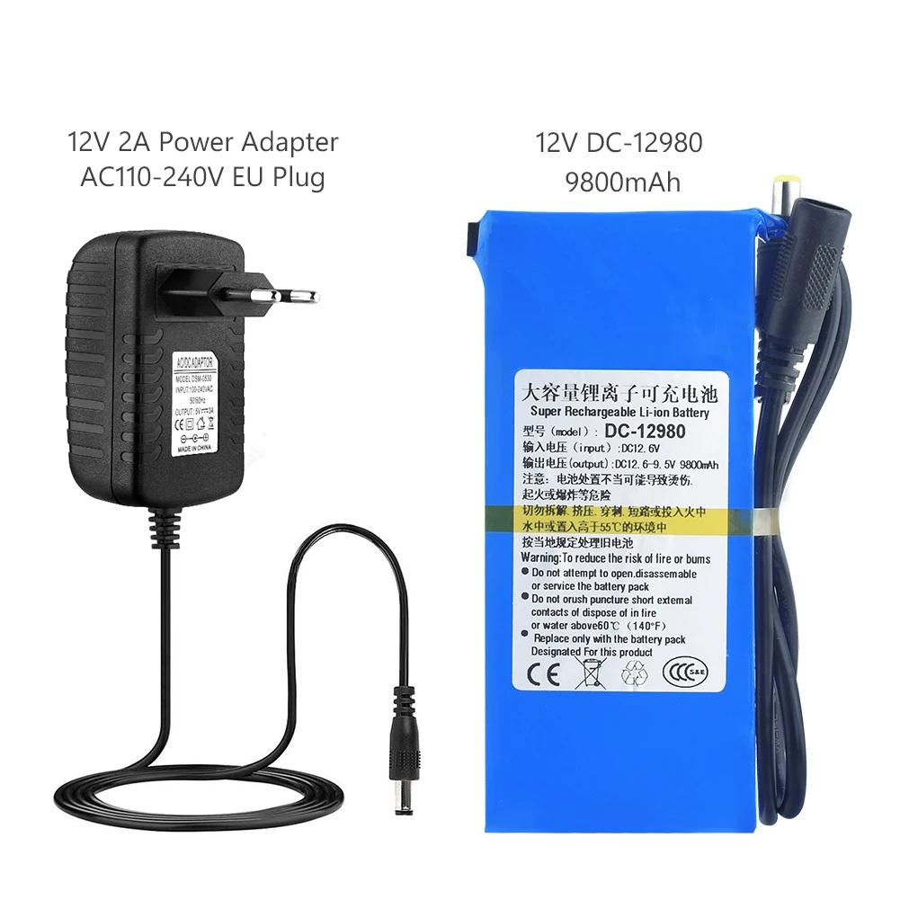 DC 12V DC12980 9800MAH литиевая аккумуляторная батарея запасной литий-ионный аккумулятор с 2A зарядным адаптером защита от перезарядки - Цвет: EU Plug