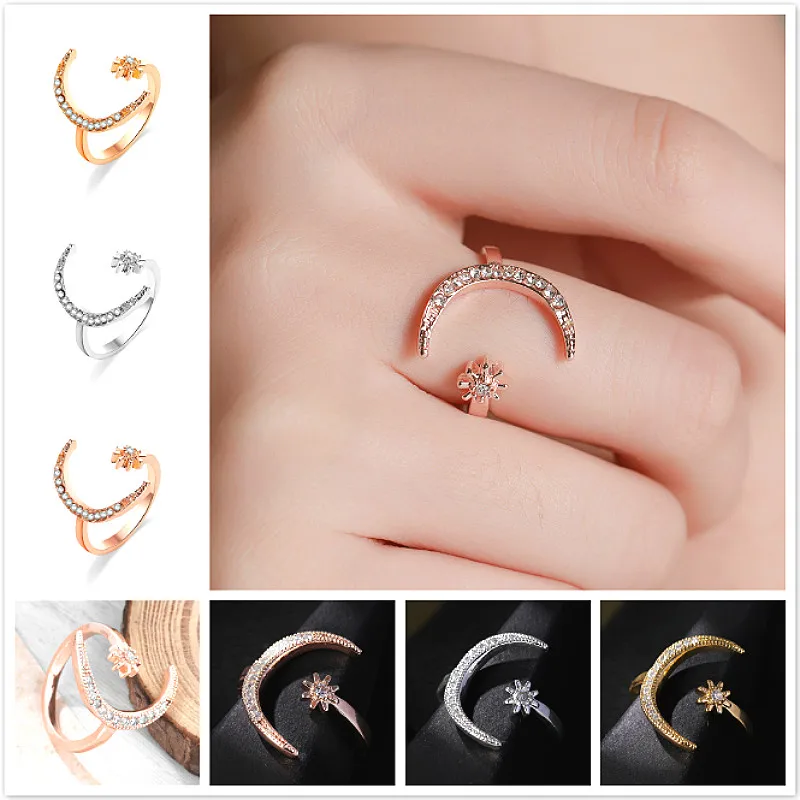 Anillo ajustable de luna y estrella para mujer y niña, joyería de boda con diamantes de imitación de cristal para novia, joyería de compromiso, novedad de 2020