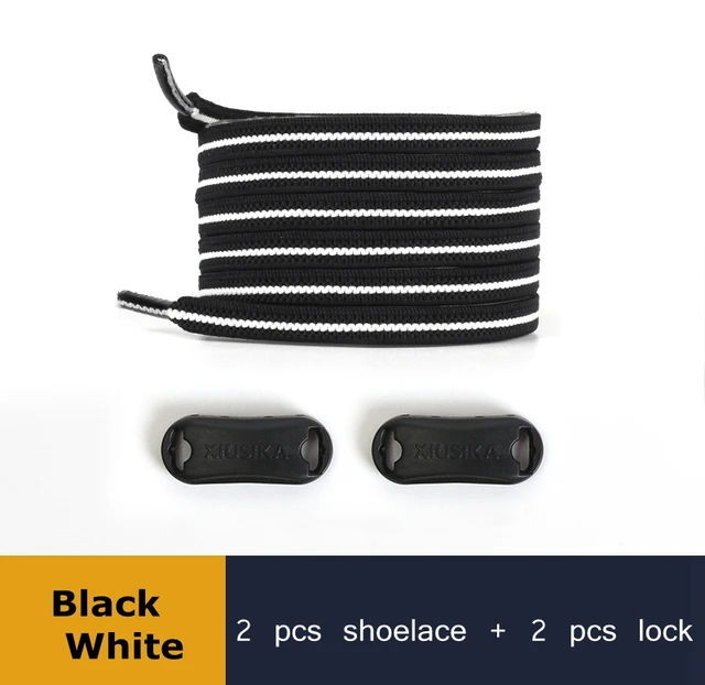 1 Pair Buckle Lock No Tie Shoelaces Elastic Reticulated Woven Flat Shoe Laces Quick Wear In 1 Second Sneakers Lazy Shoelace Black White