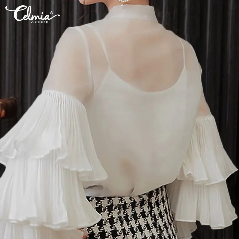  2019 Celmia Stylish Women Blouses Ladies See Through Sexy Shirts Long Sleeve Ruffles Top Plus Size 