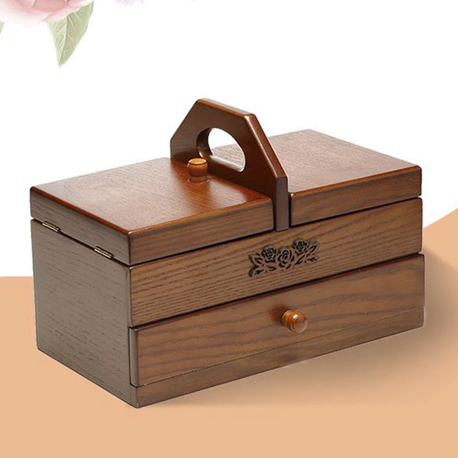 Sewing Basket Expandable Wooden Jewelry Keepsake Trinket Storage Box Organizer Holder Handmade Box for Women Sewing Accessories