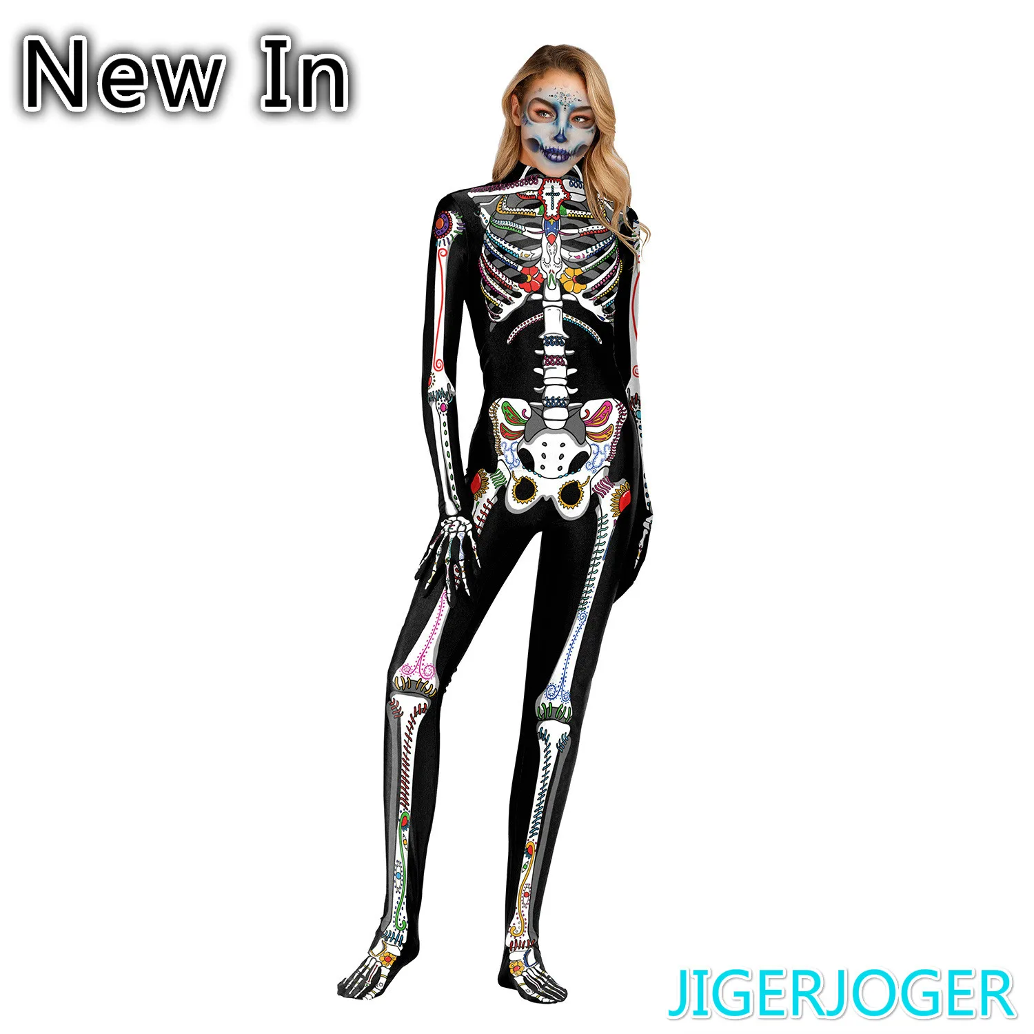 JIGERJOGER 3D принт Скелет сшивание молнии брюки Хэллоуин уличные костюмы Комбинезоны для женщин боди с длинным рукавом