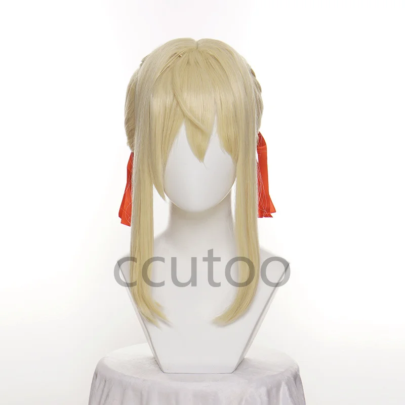 Resistente ao Calor Peruca de Cabelo Sintético + Peruca Boné + Fitas Violeta Evergarden Cosplay Perucas Loira Trançado Buns Vermelhas 5 Peruca sintética