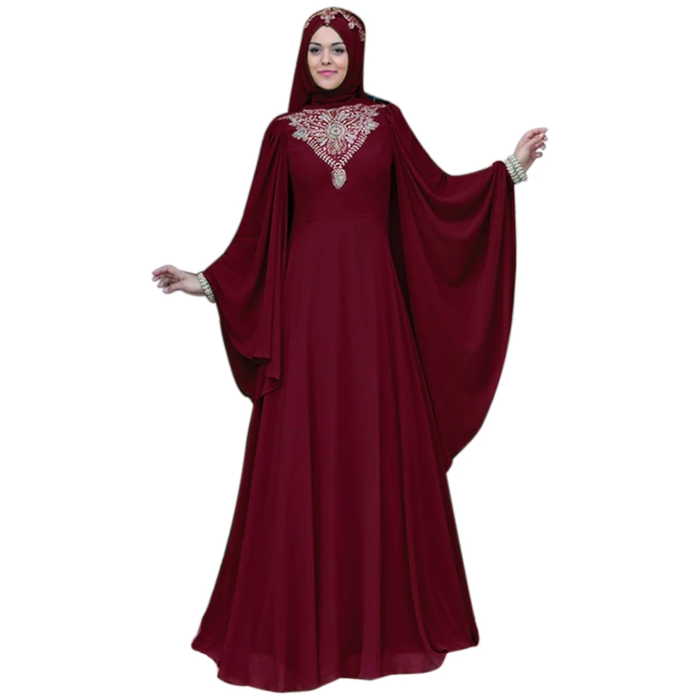 

Autumn High Waist Elegant Women Dress Festival Maxi Muslim Party Crew Neck Ruffle Sleeve Loose Unique Big Swing Solid