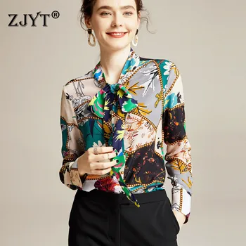 

100% Silk Blouses for Women 2020 Spring New Elegant Lady Long Sleeve Bow Neck Vintage Print Office Work Blouses and Shirts Tops