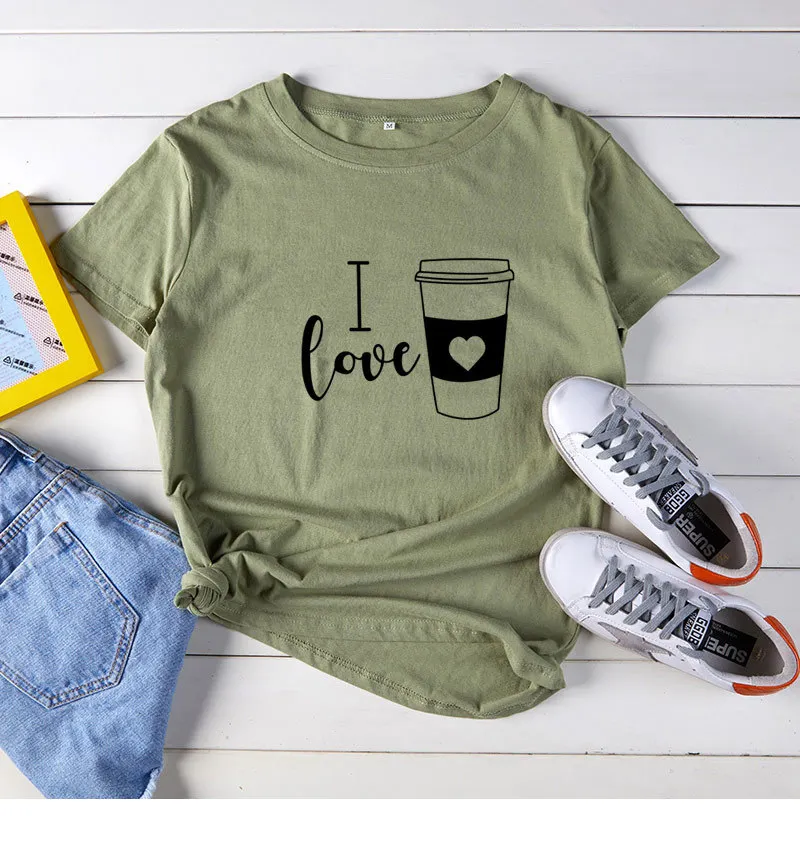 Футболка женская с надписью I Love Coffee свободная рубашка коротким рукавом и круглым
