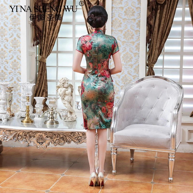 Новые китайские традиционные костюмы Cheongsam женское атласное облегающее платье короткий рукав тонкий qipao печати Сплит соблазнительное кимоно женское платье