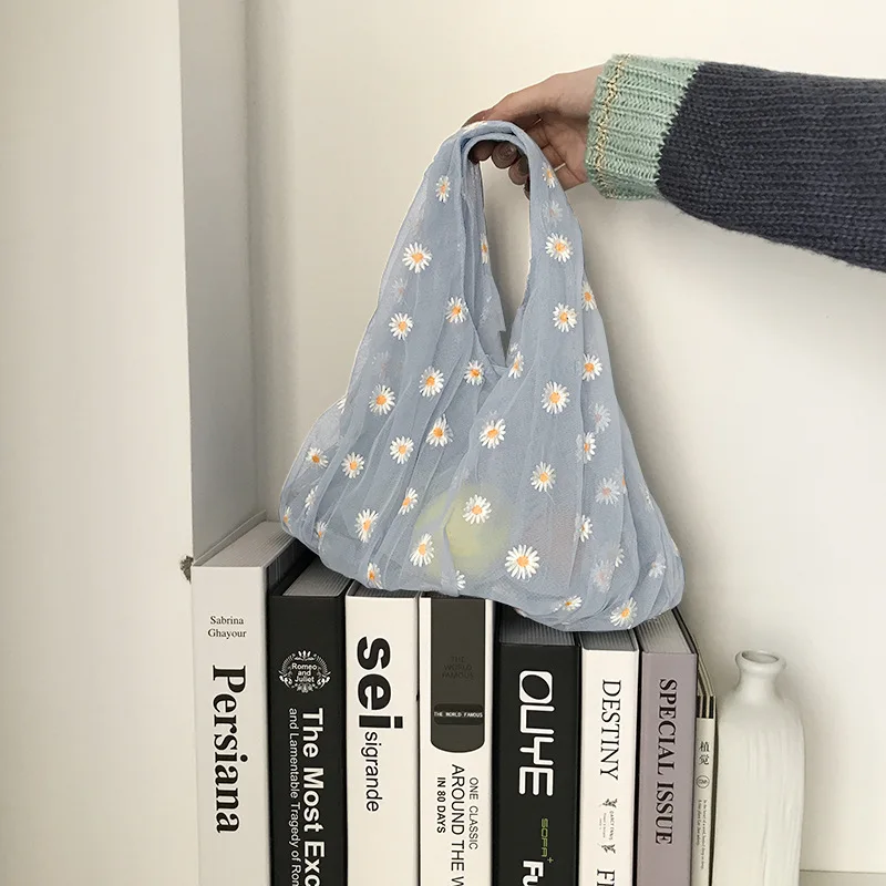 Женская прозрачная Сетчатая Сумка тоут тканевая Сумочка с вышивкой ромашки