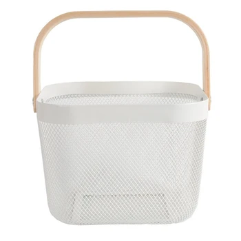 

Home Storage Basket Kitchen Wire Mesh Practical Metal Container Decorative Portable Large Capacity Organizer Wooden Handle