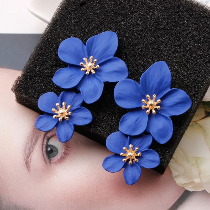 Drop Earrings Korean Big Double Flower For Woman Summer Beach Party Metal Statement Ear Boho Fashion Jewelry Girl Gift,dangle earrings,drop earrings,flower earrings,long earrings