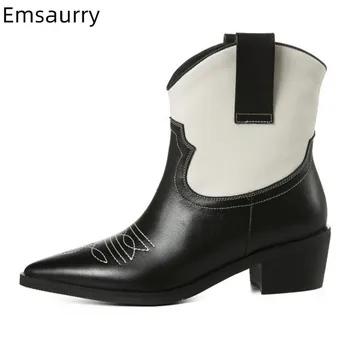 

2019 Patchwork Boots Woman Point Toe Decor Sewing Concise Ladies Party Bottes Comfy Genuine Leather Chunky Low Square Heel Boots