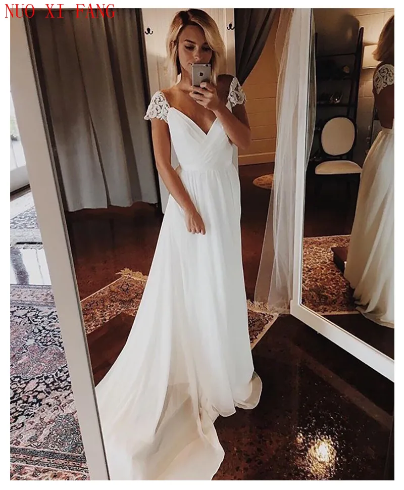 NUOXIFANG Cap Sleeves Wedding Dress 2020 V Neck Chiffon Appliques Backless Beach Bridal Cheap High quality Gowns | Свадьбы и