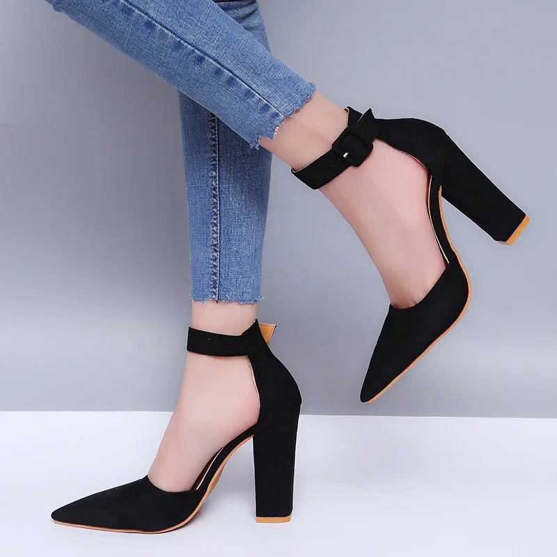 

Women Summer High-heel Sandals Pointed Toe Suede Shoes Solid Color Shallow Mouth Buckle Design Heighten Sexy Fashion Plus Size
