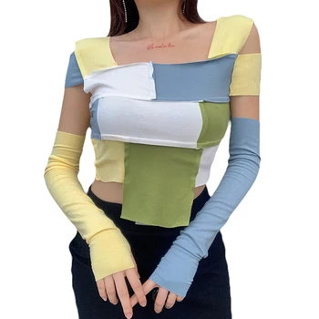 

Women Patchwork Crop Top, Casual Square Neck Cold Shoulder Color Block Tee Shirt with Arm Sleeves