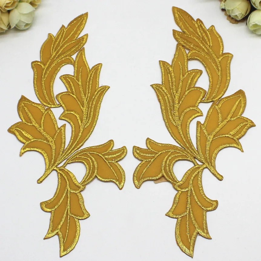 

YACKALASI 3D Gold Flower Appliqued Lace Trims Mirror Pair Embroidered Patches Iron on Cosplay Lace Trims Silver 22cm*11CM
