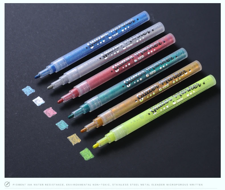 12 красивых блестящих цветных маркеров 1 мм на водной основе, устойчивые к УФ-излучению Пигментные чернила, ручки для рисования буквами, альбом для рисования, искусство A6848