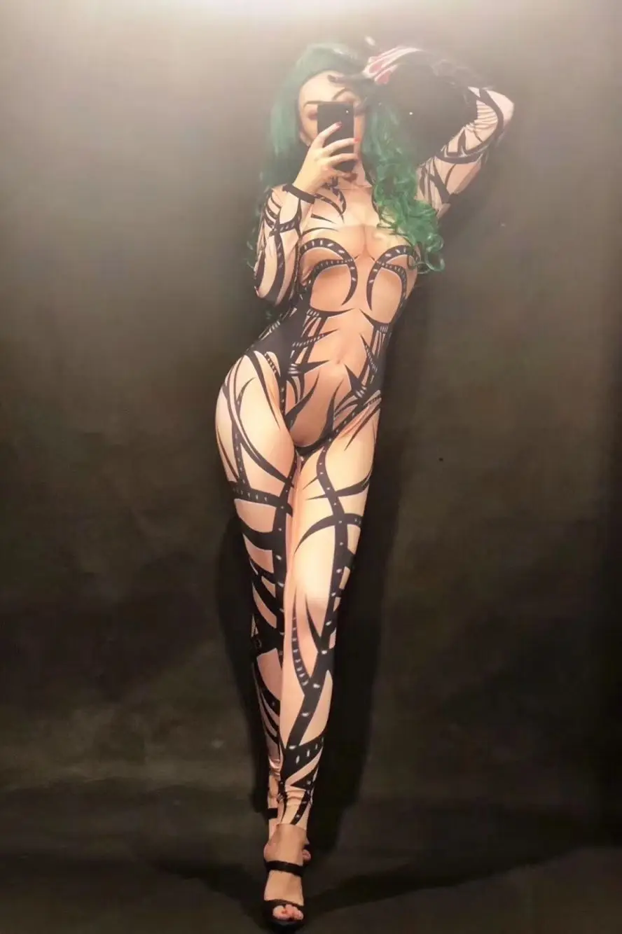 Naked Snake Tattoo 3D Printing Sexy Jumpsuit Stage Wear Dancer Singer Nightclub Party Bodysuit Performance Clothing