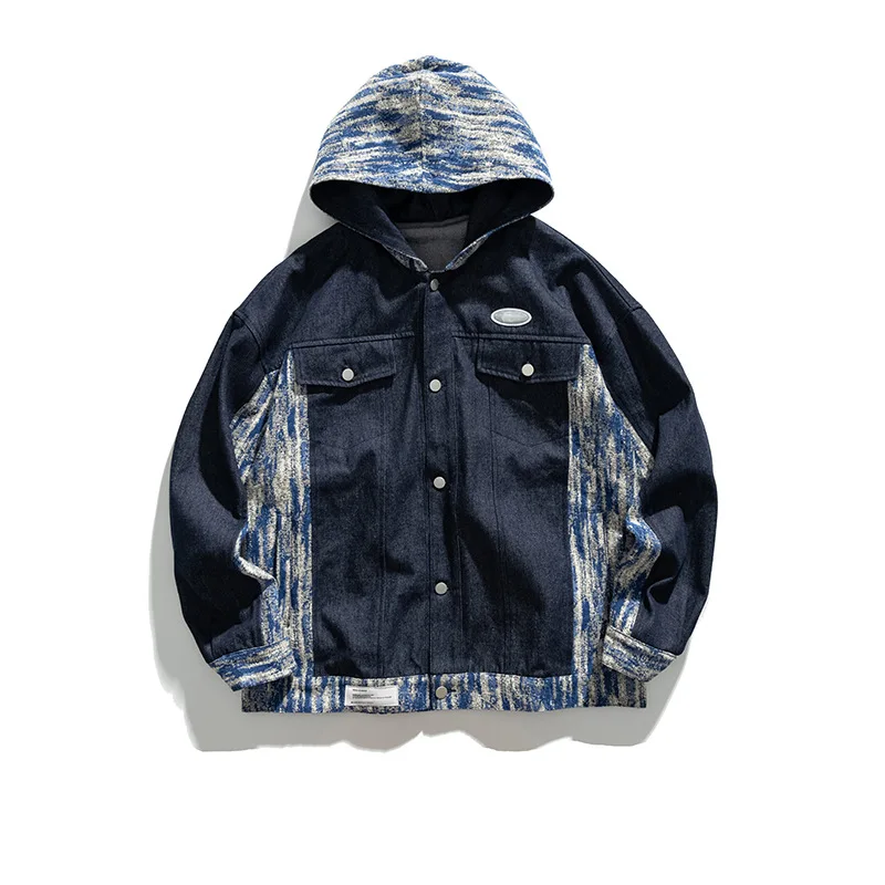 

American Contrast Color Drop Shoulder Stitching Hooded Denim Jacket Spring and Autumn Men's Fashion Tie-dye Jean Jacket