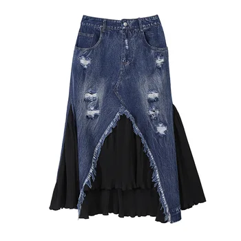 

SeeBeautiful Contrast Color Lace Up Holes Irregular Loose A-line Half-body Denim Skirt Woman Summer Autumn 2020 New Fashion T417