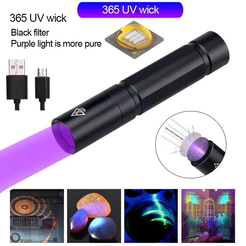 5W Mini UV Flashlight 365nm Ultraviolet Blacklight USB Rechargeable Purple Linternas Carpet Pet Urine Detector Catch Scorpions