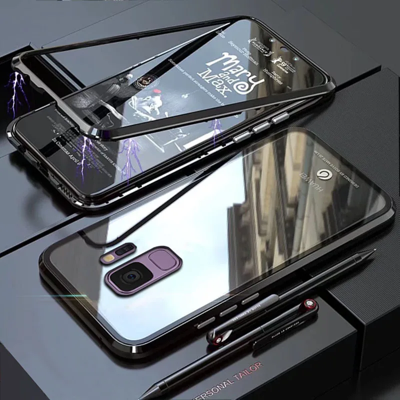 

YonLinTan Coque cover Case For Samsung galaxy S9 Plus S 9 S9Plus Metal magnetic Frame adsorption tempered glass cases