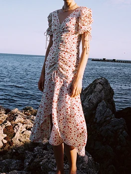 

2020 New Beach Women Midi Dress Laides V-neck Drawstring Bubble Sleeves Print Irregular Female Long Dresses For Holiday