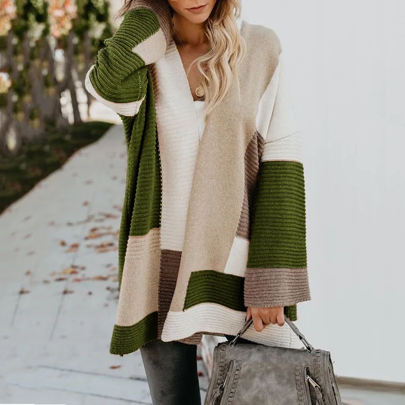 Women Autumn Sweater 2020 New Versized Loose Geometric Colorblock Long Sleeve Cardigan Korean Fashion Casual Tops |
