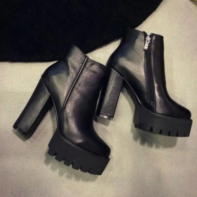 Zapatos de tacón Ultra alto para mujer, zapatos de punta redonda, botines de plataforma de tacón grueso, erf5