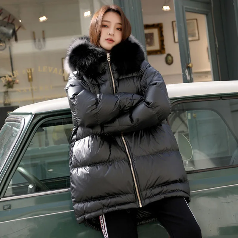 Большой натуральный Лисий меховой воротник зимняя куртка женская Свободная пуховая Парка женская белая пуховая куртка плюс размер плотное теплое пальто