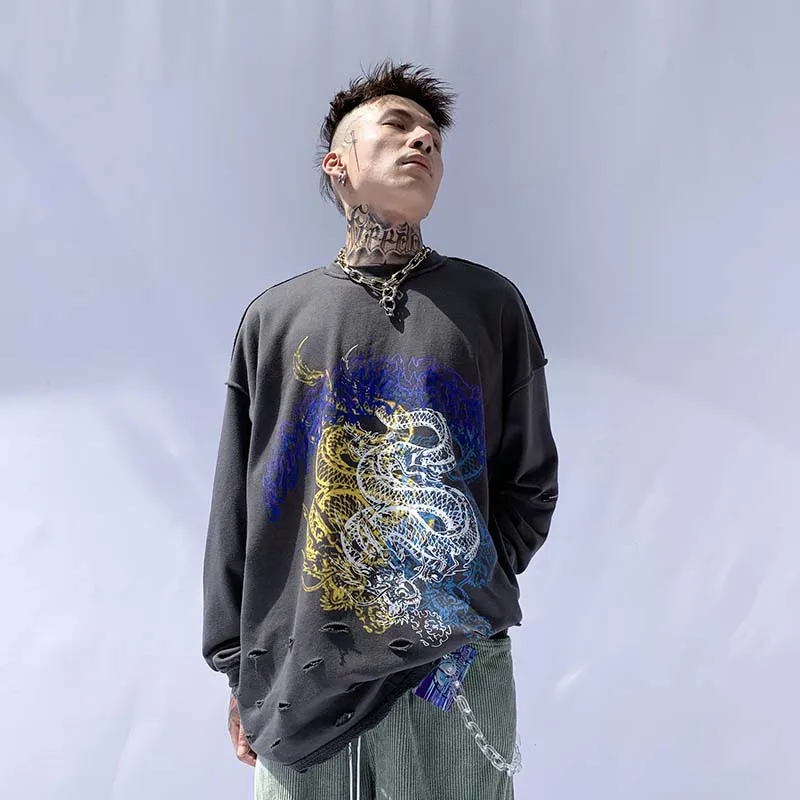 UNCLEDONJM с драконом, Harajuku, рваная толстовка, мужская, негабаритная, Толстовка для мужчин/женщин, хлопковые кофты, поврежденные отверстия, пуловер