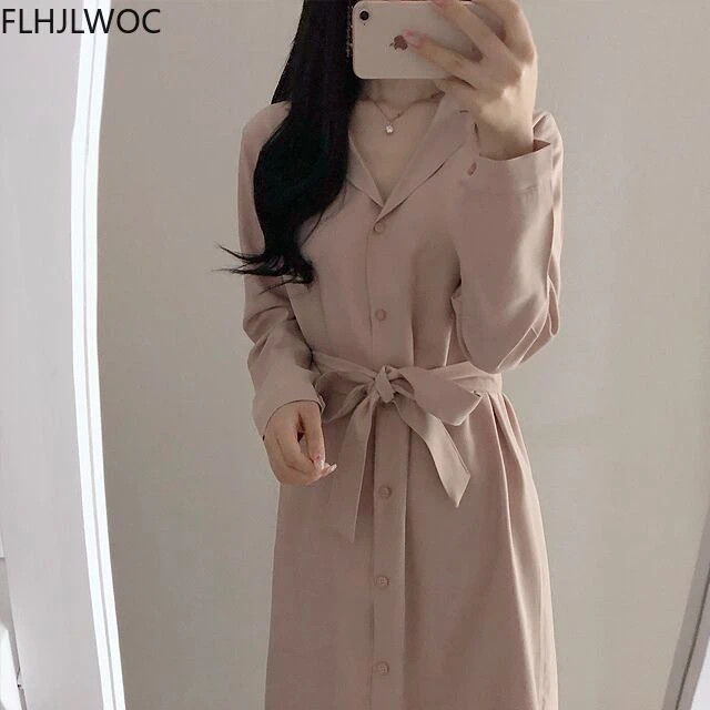 Vestidos camiseros para mujer, Vestido largo de larga para oficina, estilo coreano, temperamento de otoño, pajarita, 3223|Vestidos| - AliExpress