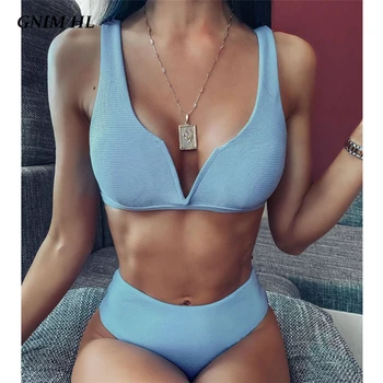 

GNIM High Waist Bikini Swimwear Women Push Up 2020 Sexy V Neck Solid Swimsuit Female Two Pieces Summer Swim Bathing Suit Biquini