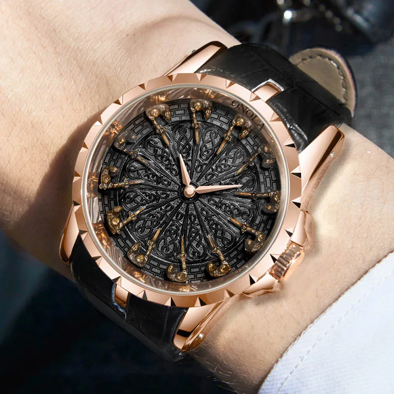 Кварцевые часы для мужчин бизнес часы кожа Нержавеющая сталь водонепроницаемый ретро 3D рыцарь циферблат имитация шин чехол для мужчин часы