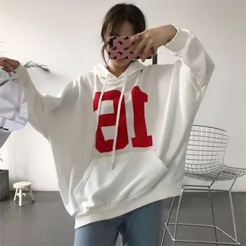 

Women Letter Print Hooded Casual Tops Autumn Winter Plus Velvet Loose Long Sleeve Hoodies Rk