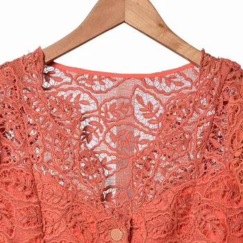 

Women Dress V-neck Lace Hollow out Mini Puff Sleeve Elegant Temperament A-line Dress with Buttons